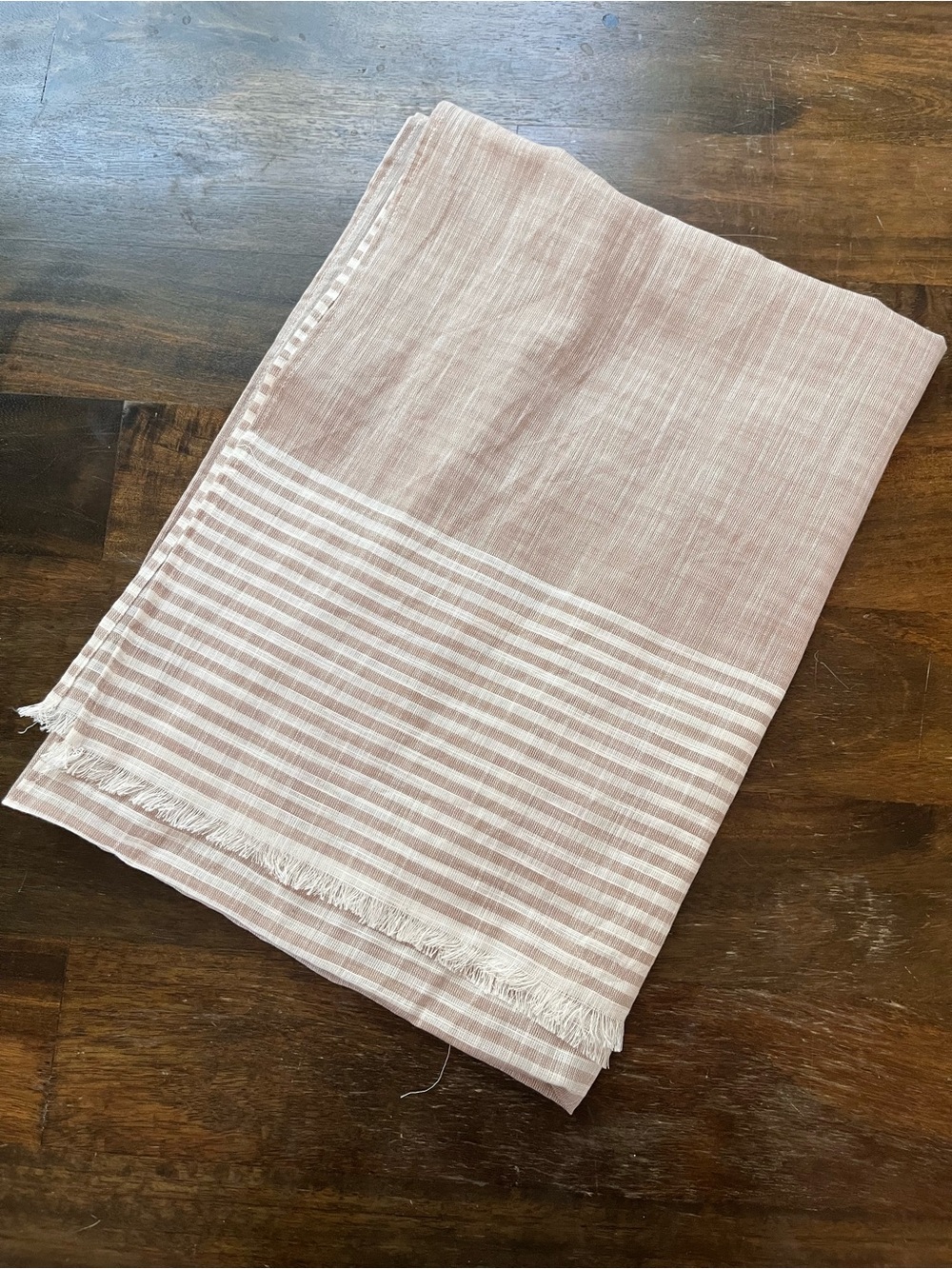 Light Sand Striped Cotton-Blend Scarf with Fringe